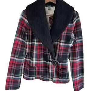 Lauren Ralph Lauren Plaid Toggle Jacket Womens M Faux Fur Collar Preppy NWT